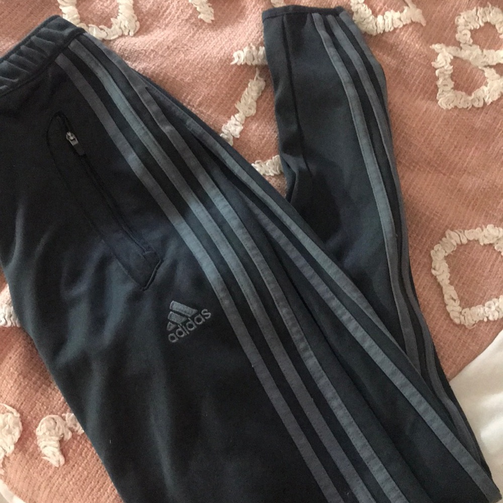 Grey three stripe adidas track pants